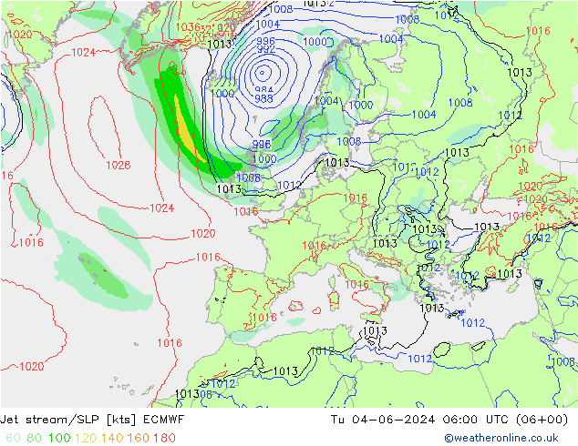 Jet stream/SLP ECMWF Tu 04.06.2024 06 UTC