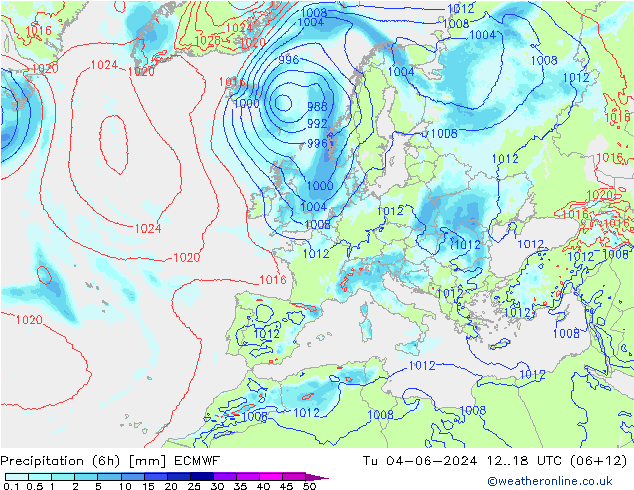 Totale neerslag (6h) ECMWF di 04.06.2024 18 UTC