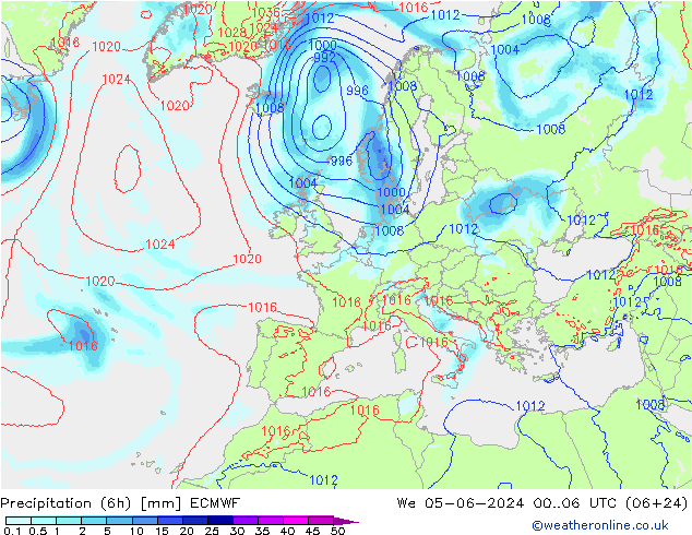 Precipitation (6h) ECMWF We 05.06.2024 06 UTC