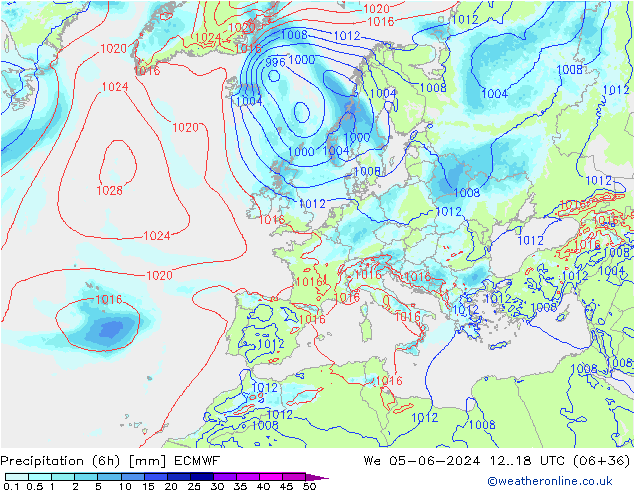 Precipitation (6h) ECMWF We 05.06.2024 18 UTC