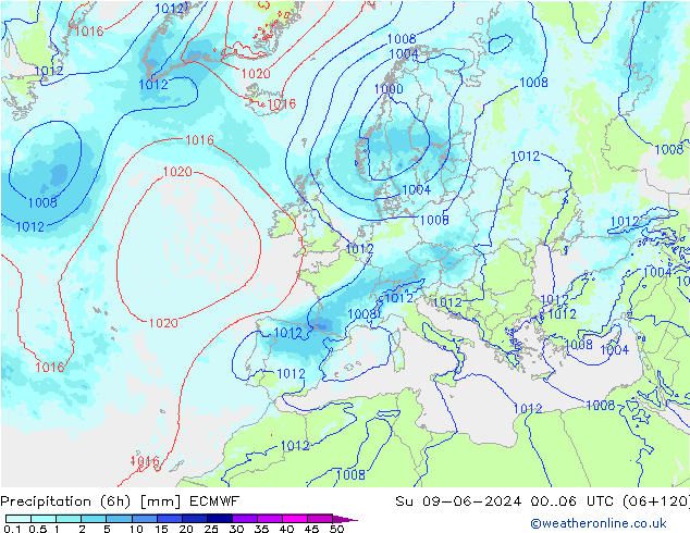 Nied. akkumuliert (6Std) ECMWF So 09.06.2024 06 UTC