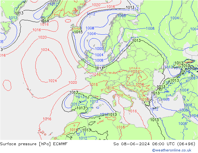 Bodendruck ECMWF Sa 08.06.2024 06 UTC