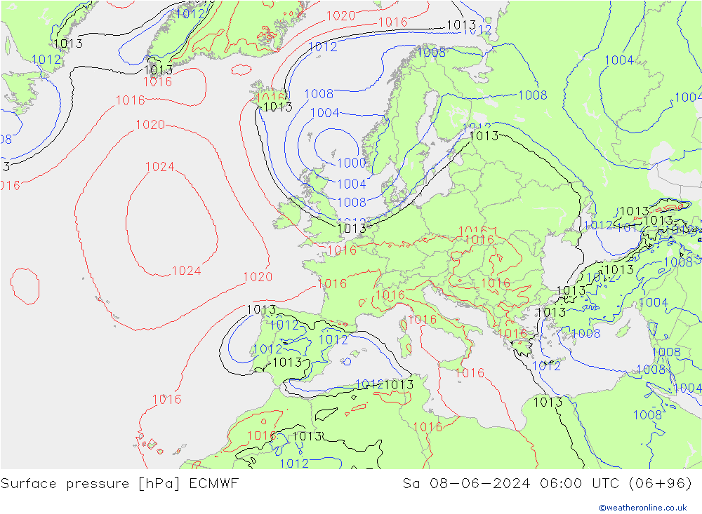 Surface pressure ECMWF Sa 08.06.2024 06 UTC