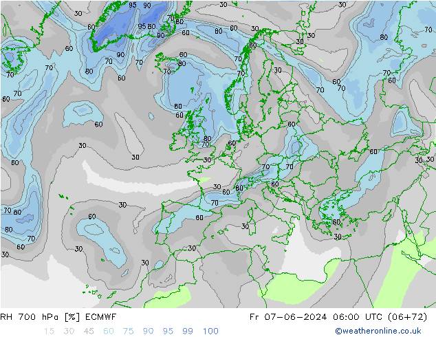 RH 700 hPa ECMWF Sex 07.06.2024 06 UTC