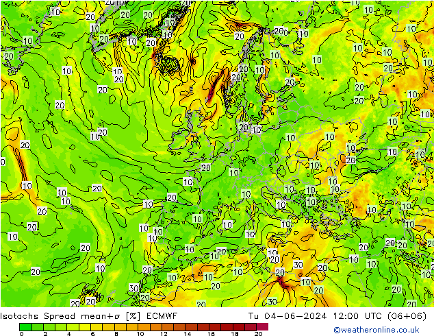 Isotachs Spread ECMWF Tu 04.06.2024 12 UTC