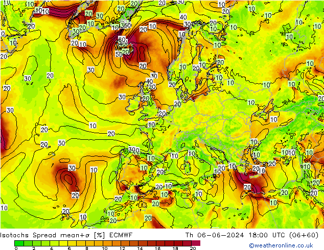 Isotachs Spread ECMWF gio 06.06.2024 18 UTC