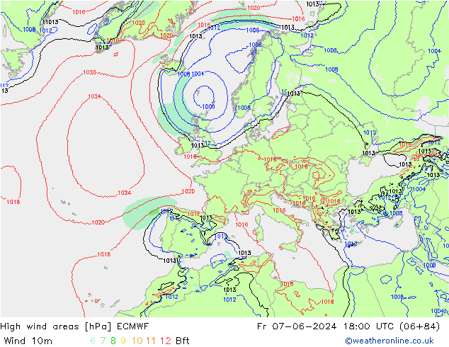 High wind areas ECMWF vie 07.06.2024 18 UTC