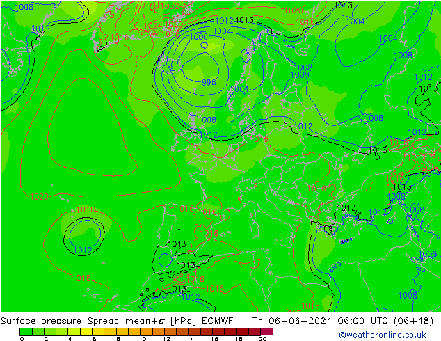 Surface pressure Spread ECMWF Th 06.06.2024 06 UTC