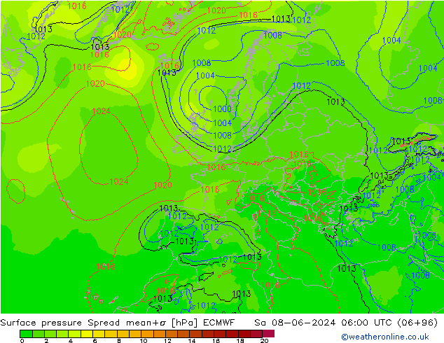 Pressione al suolo Spread ECMWF sab 08.06.2024 06 UTC