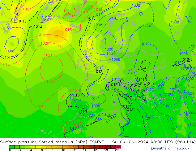 Surface pressure Spread ECMWF Su 09.06.2024 00 UTC