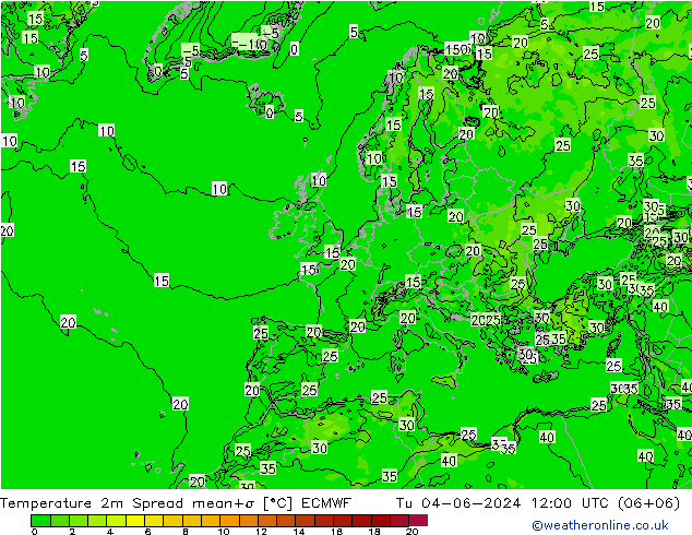 Temperaturkarte Spread ECMWF Di 04.06.2024 12 UTC