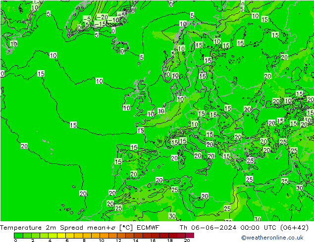 Temperatura 2m Spread ECMWF jue 06.06.2024 00 UTC