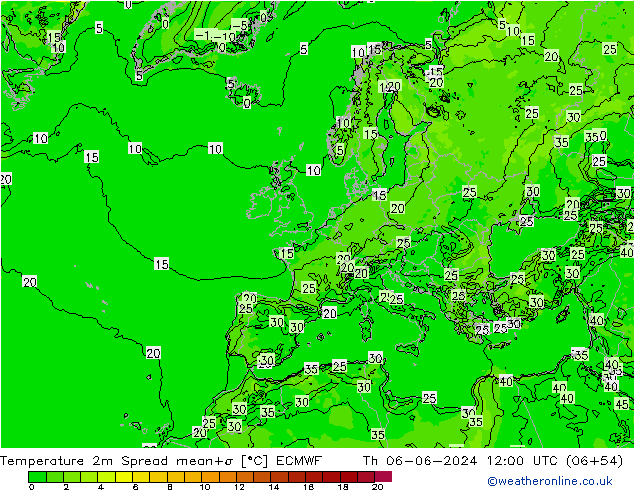 Temperatura 2m Spread ECMWF jue 06.06.2024 12 UTC