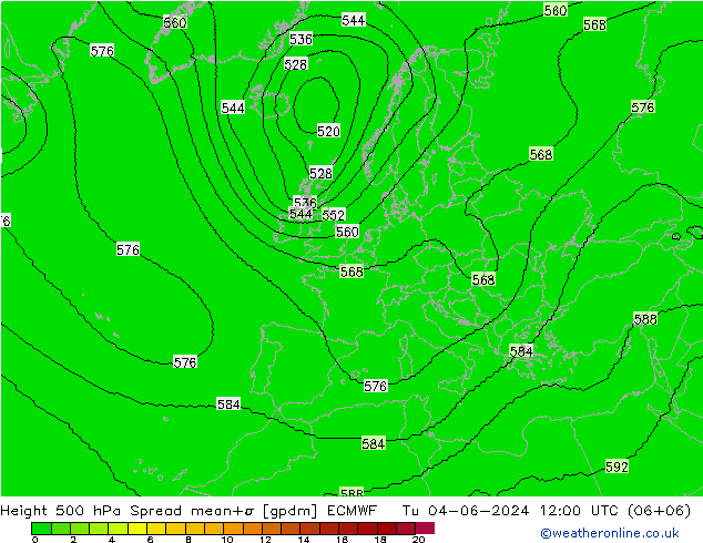 Height 500 hPa Spread ECMWF 星期二 04.06.2024 12 UTC