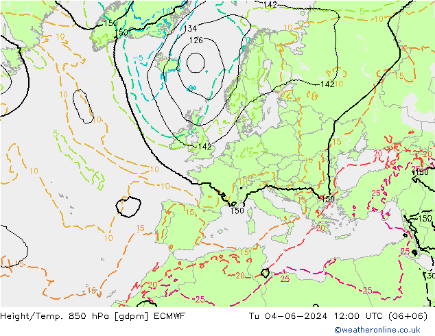 Height/Temp. 850 hPa ECMWF Di 04.06.2024 12 UTC