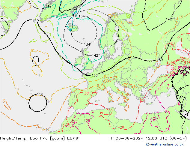 Geop./Temp. 850 hPa ECMWF jue 06.06.2024 12 UTC