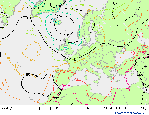 Geop./Temp. 850 hPa ECMWF jue 06.06.2024 18 UTC