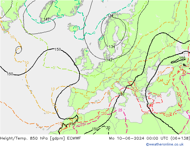 Height/Temp. 850 hPa ECMWF lun 10.06.2024 00 UTC