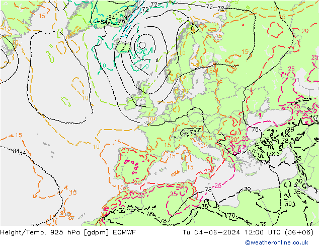 Height/Temp. 925 hPa ECMWF Tu 04.06.2024 12 UTC