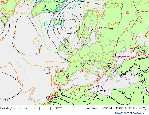 Height/Temp. 925 hPa ECMWF Tu 04.06.2024 18 UTC