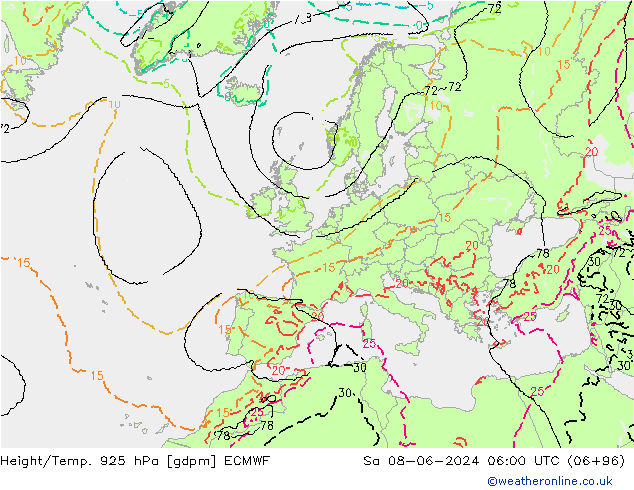 Height/Temp. 925 hPa ECMWF Sa 08.06.2024 06 UTC