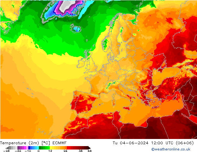 Temperature (2m) ECMWF Tu 04.06.2024 12 UTC