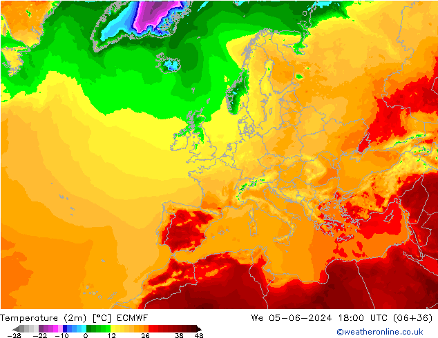 mapa temperatury (2m) ECMWF śro. 05.06.2024 18 UTC