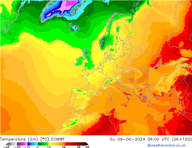 Temperature (2m) ECMWF Su 09.06.2024 06 UTC