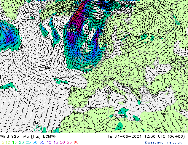 Wind 925 hPa ECMWF Tu 04.06.2024 12 UTC