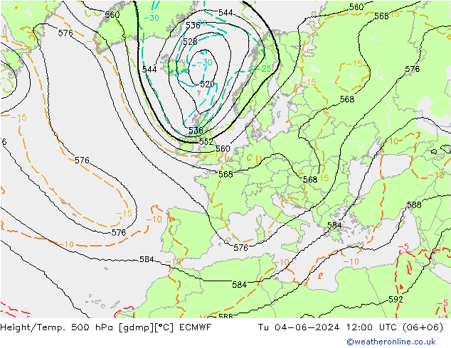 Height/Temp. 500 hPa ECMWF Tu 04.06.2024 12 UTC