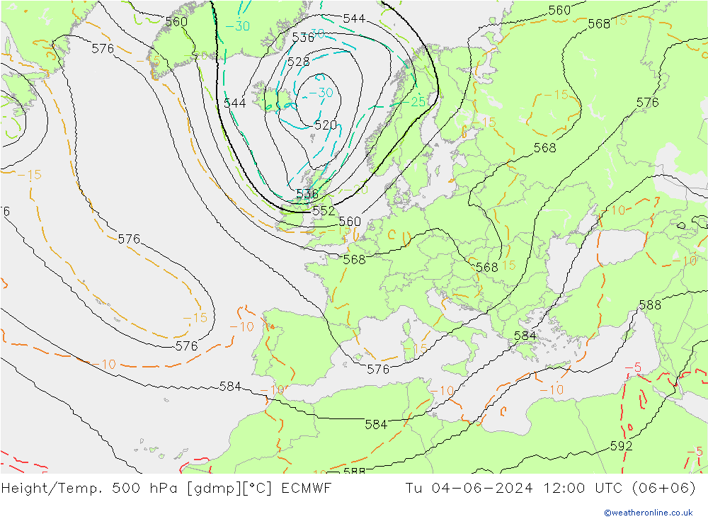 Height/Temp. 500 hPa ECMWF Tu 04.06.2024 12 UTC