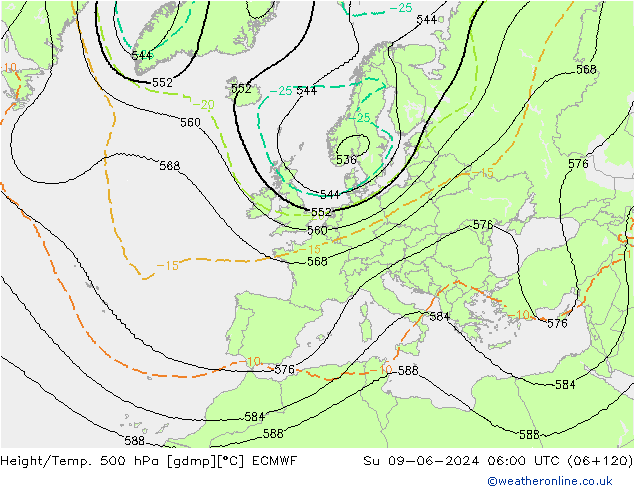 Height/Temp. 500 гПа ECMWF Вс 09.06.2024 06 UTC