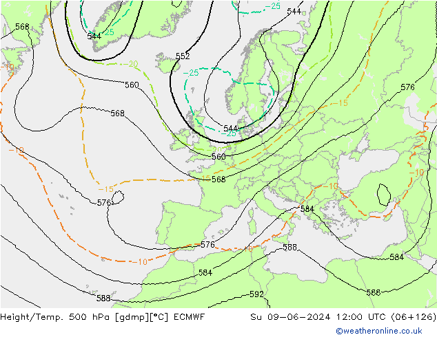 Height/Temp. 500 hPa ECMWF Dom 09.06.2024 12 UTC