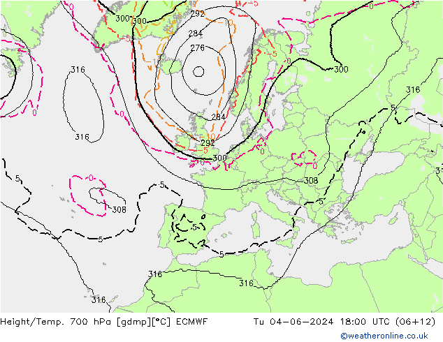 Height/Temp. 700 hPa ECMWF Út 04.06.2024 18 UTC