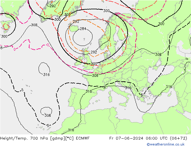 Geop./Temp. 700 hPa ECMWF vie 07.06.2024 06 UTC