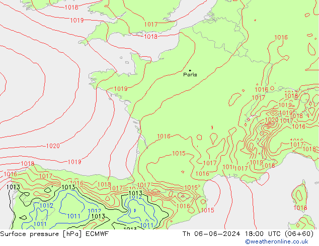 Surface pressure ECMWF Th 06.06.2024 18 UTC