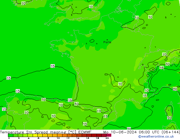 Temperatura 2m Spread ECMWF lun 10.06.2024 06 UTC