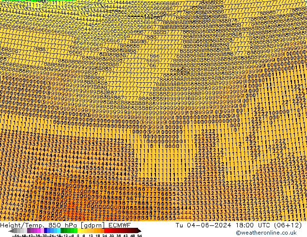 Height/Temp. 850 hPa ECMWF Tu 04.06.2024 18 UTC