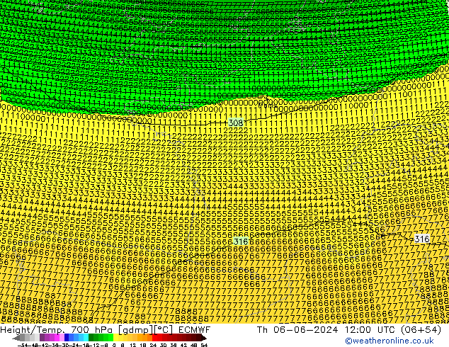 Height/Temp. 700 hPa ECMWF gio 06.06.2024 12 UTC