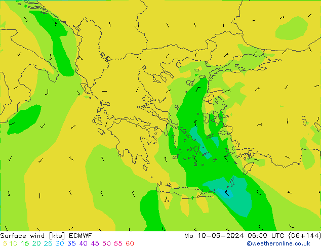 wiatr 10 m ECMWF pon. 10.06.2024 06 UTC