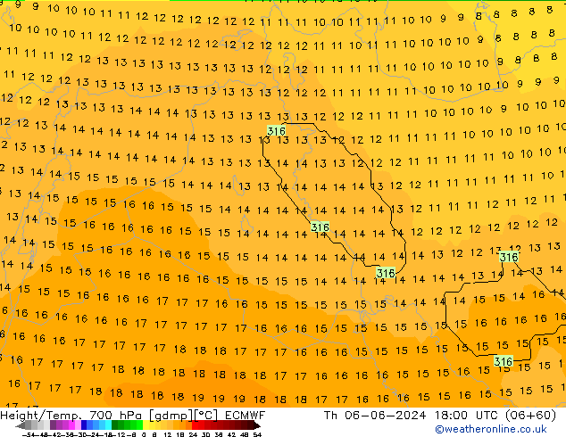 Hoogte/Temp. 700 hPa ECMWF do 06.06.2024 18 UTC