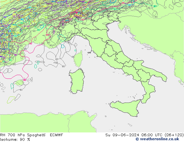 RH 700 гПа Spaghetti ECMWF Вс 09.06.2024 06 UTC