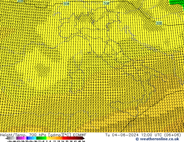 Géop./Temp. 700 hPa ECMWF mar 04.06.2024 12 UTC