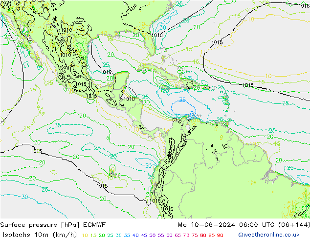 Isotachs (kph) ECMWF пн 10.06.2024 06 UTC