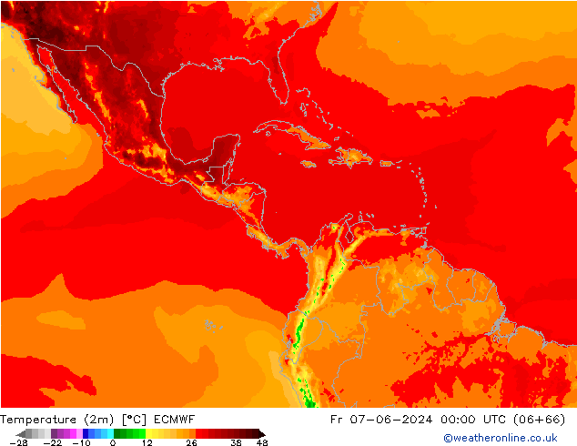 Temperatuurkaart (2m) ECMWF vr 07.06.2024 00 UTC