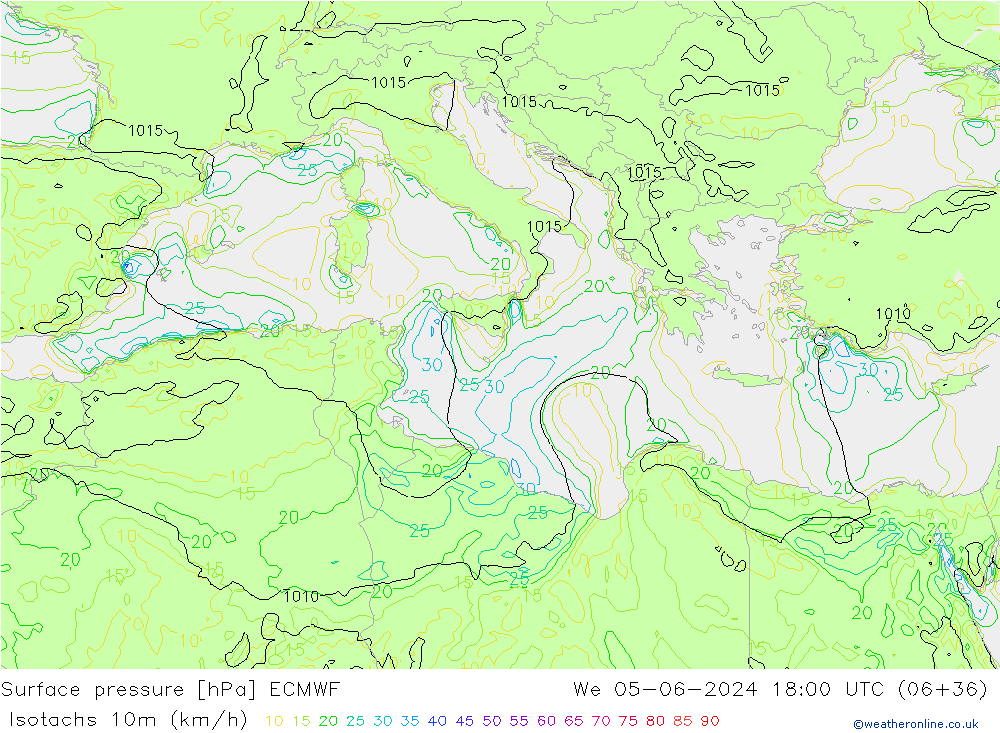 Izotacha (km/godz) ECMWF śro. 05.06.2024 18 UTC