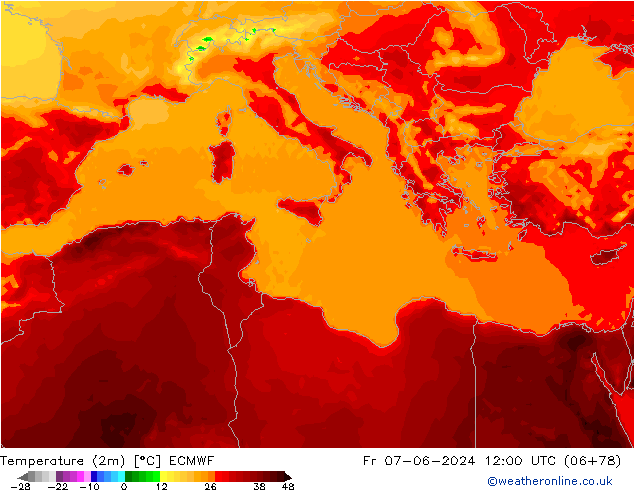 Temperature (2m) ECMWF Fr 07.06.2024 12 UTC