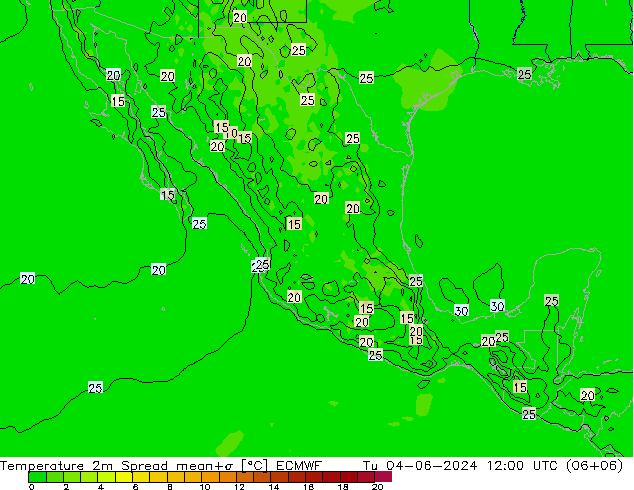 température 2m Spread ECMWF mar 04.06.2024 12 UTC