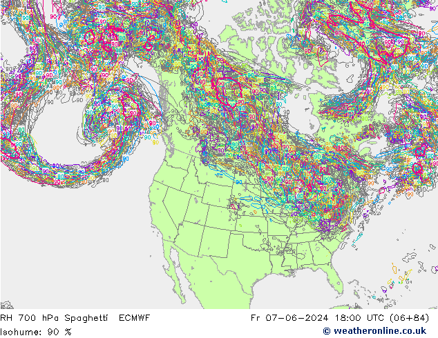 RH 700 hPa Spaghetti ECMWF Pá 07.06.2024 18 UTC