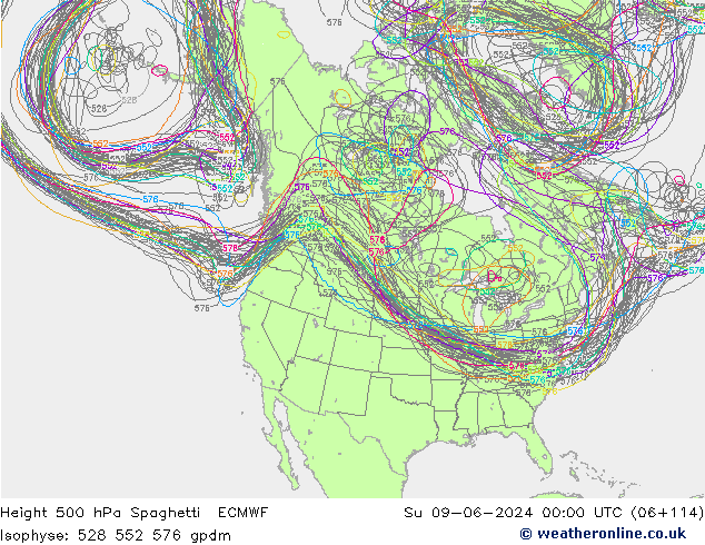 Height 500 hPa Spaghetti ECMWF dom 09.06.2024 00 UTC